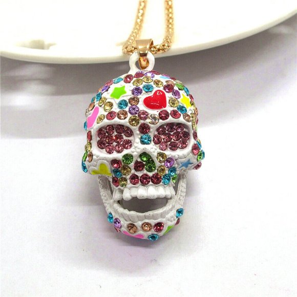 NEW Betsey Johnson Colorful Sugar Skull / Candy Skull Necklace Pendant Chain - Picture 5 of 5